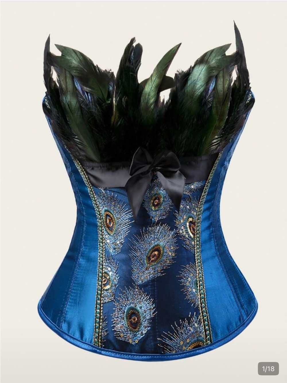 Peacock Feather Satin Corset Top with Feather Trim - Blue